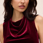 Burgundy Velour Draped Cowl Neck Sheath Dress - Close-up Cowl Neck Detail - Le Chateau