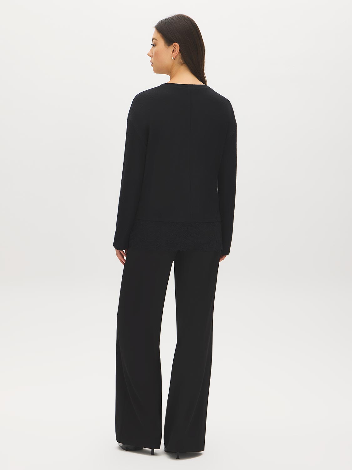 Black Crew Neck Hacci Top with Lace Trim - Back View - Suzy Shier