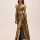 Bronze Liquid Stripe Foil Gown - Front View - Le Chateau
