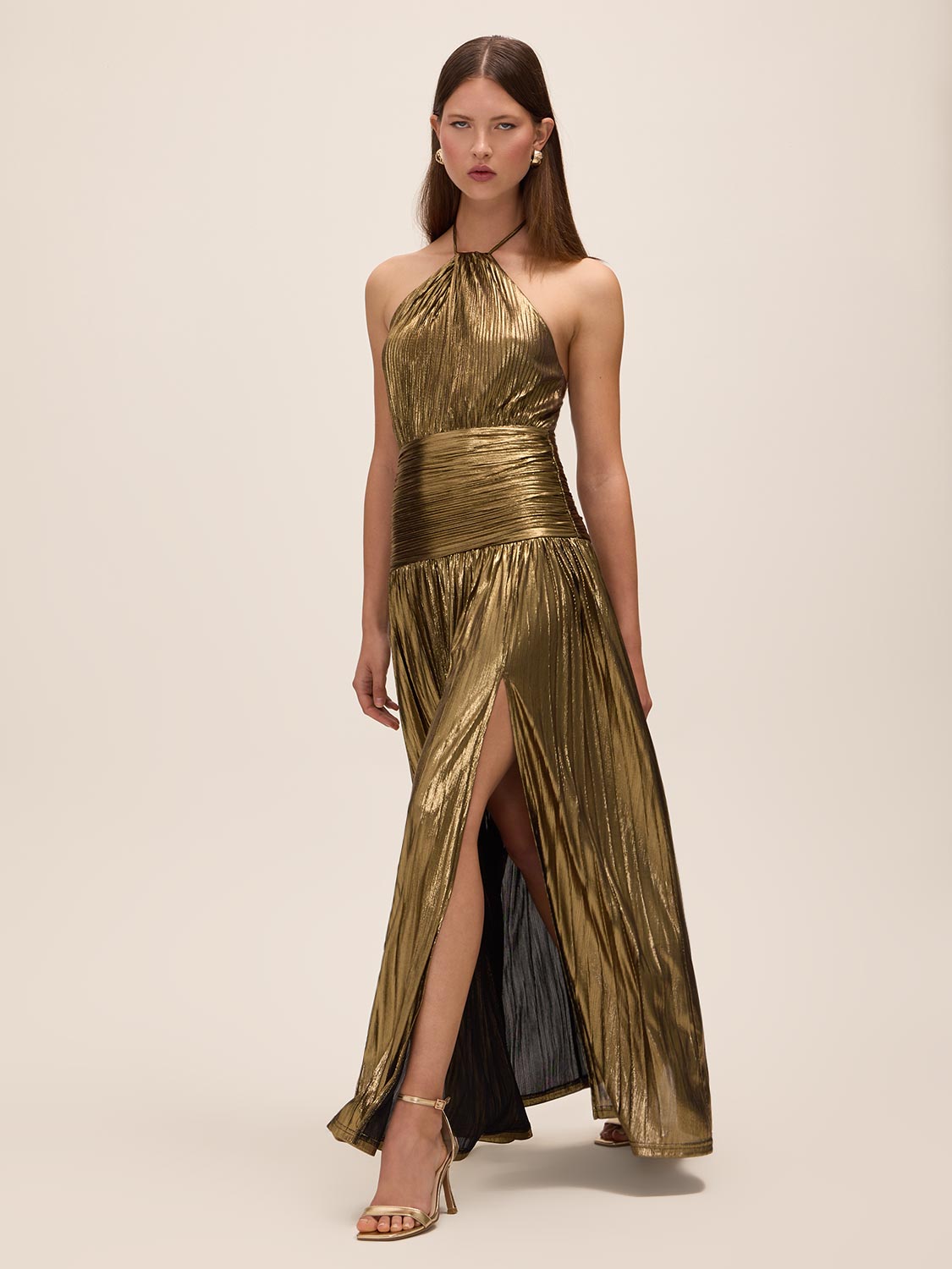Bronze Liquid Stripe Foil Gown - Front View - Le Chateau