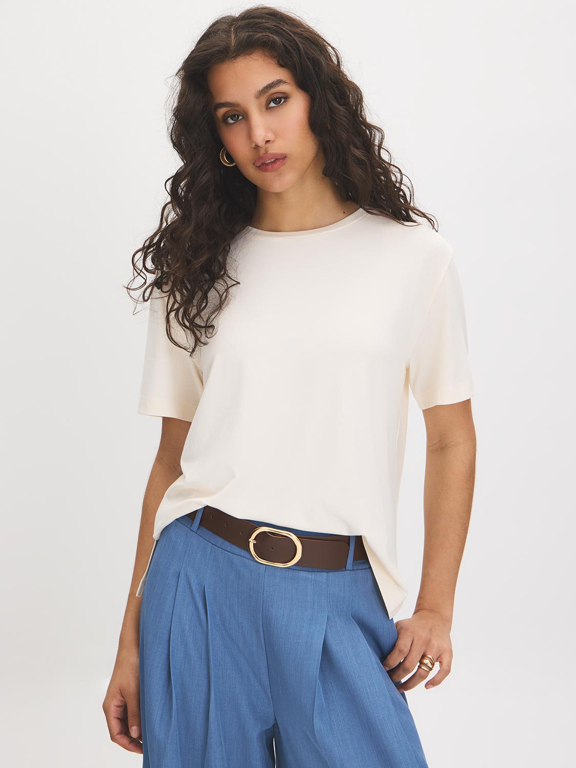 Winter White Soft Jersey Crew Neck T-Shirt - Front View - Suzy Shier