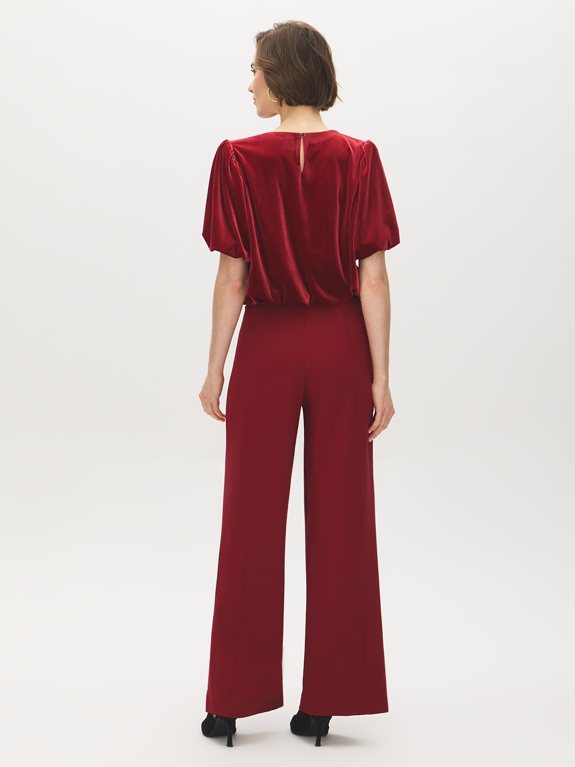 Lipstick Velvet Cropped Top with Balloon Sleeves - Back View - Suzy Shier