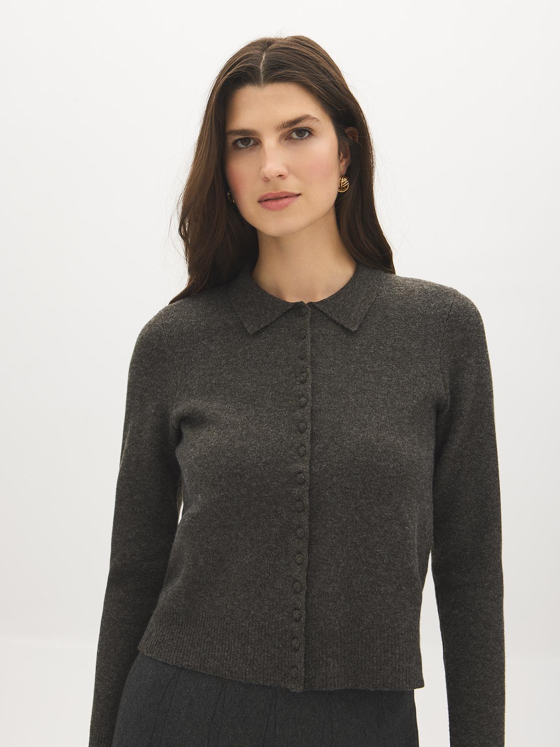 Dark Grey Knit Sweater Cardigan with Removable Fur Collar - Front View - Suzy Shier