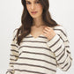 Winter White/Coffee Bean Striped V-Neck Boxy Jersey Top - Close-up Front Detail - Suzy Shier