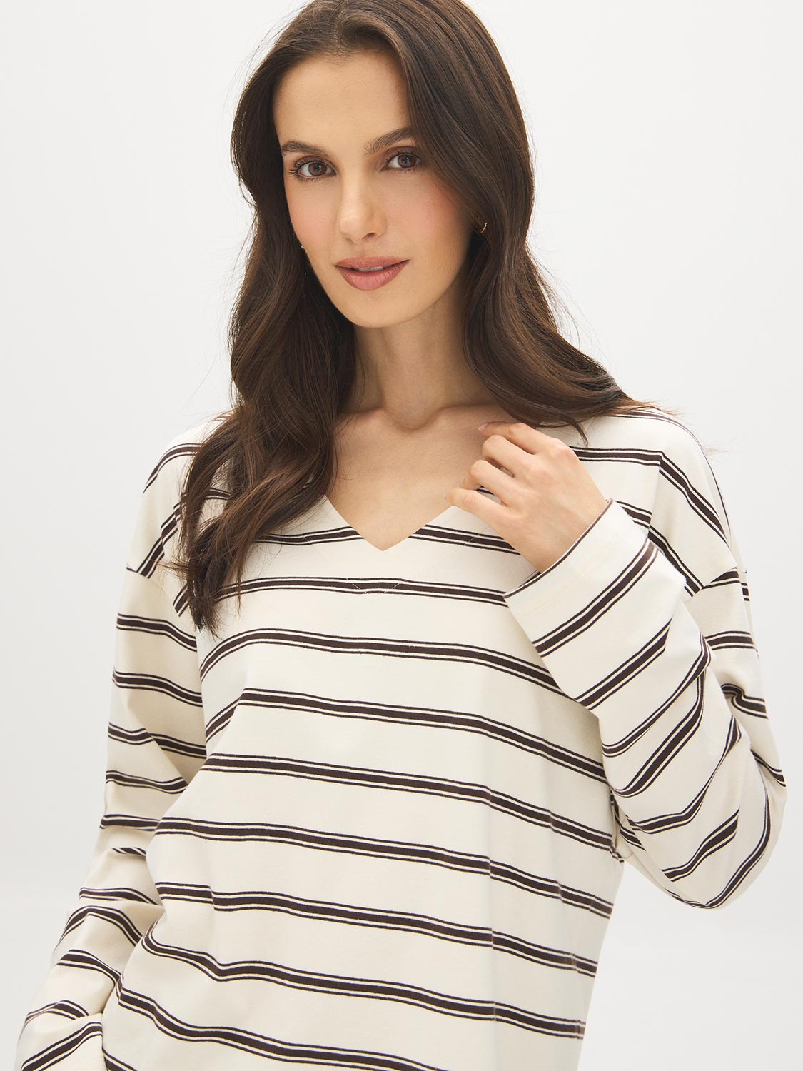 Winter White/Coffee Bean Striped V-Neck Boxy Jersey Top - Close-up Front Detail - Suzy Shier