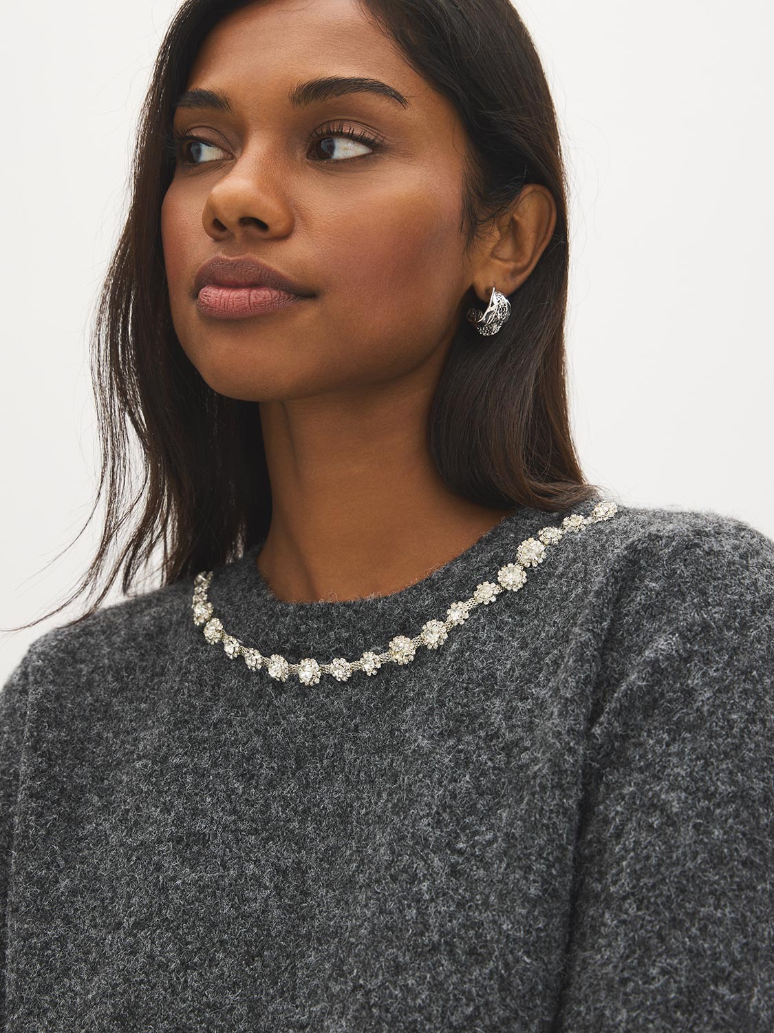 Charcoal Embellished Crew Neck Knit Sweater - Collar Detail - Suzy Shier