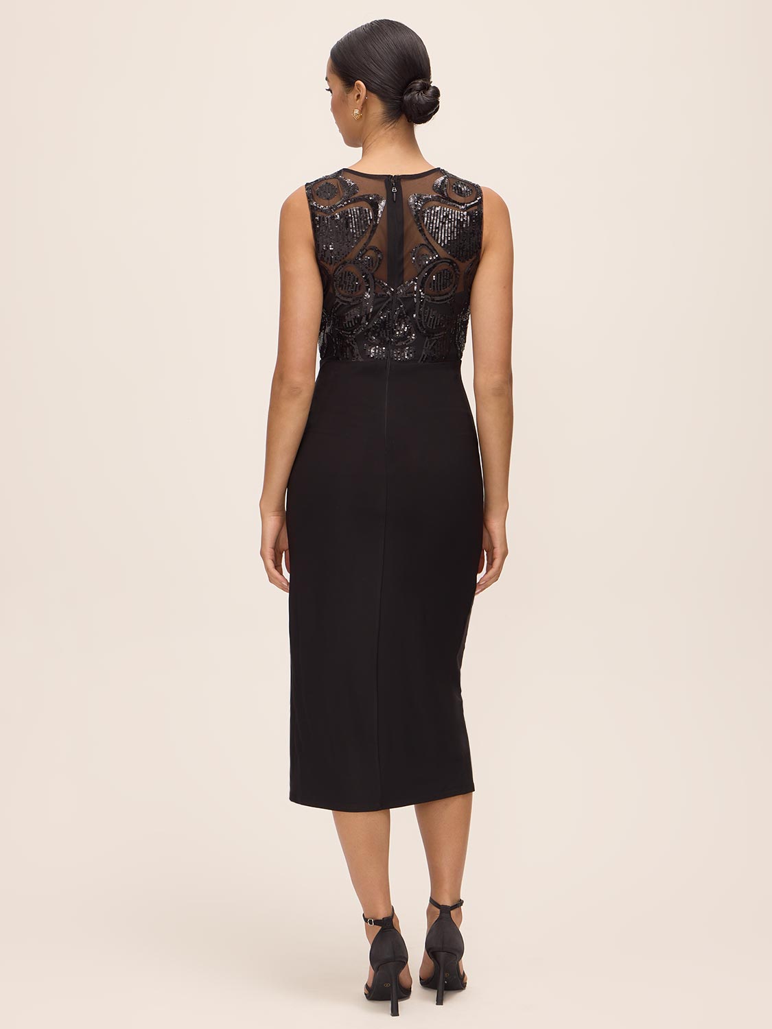 Black Illusion Upper Sequin Sheath Dress - Back View - Le Chateau