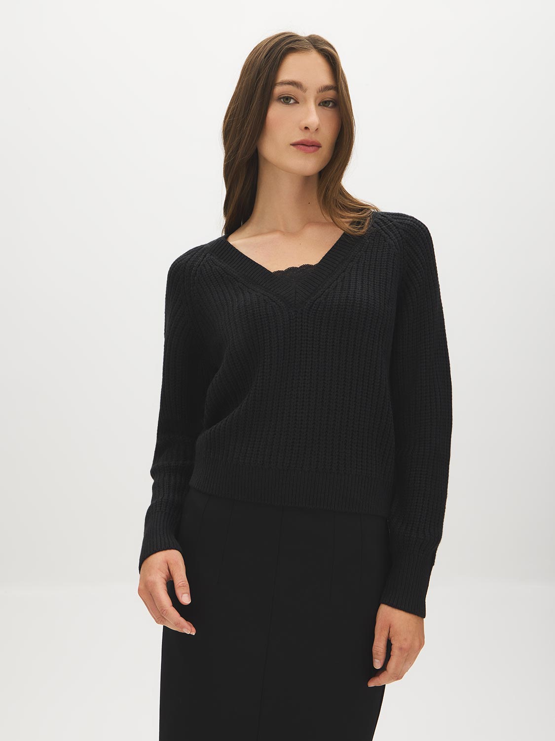 Black Lace Trim V-Neck Knit Sweater - Woman Wearing Cozy Knit Top - Suzy Shier