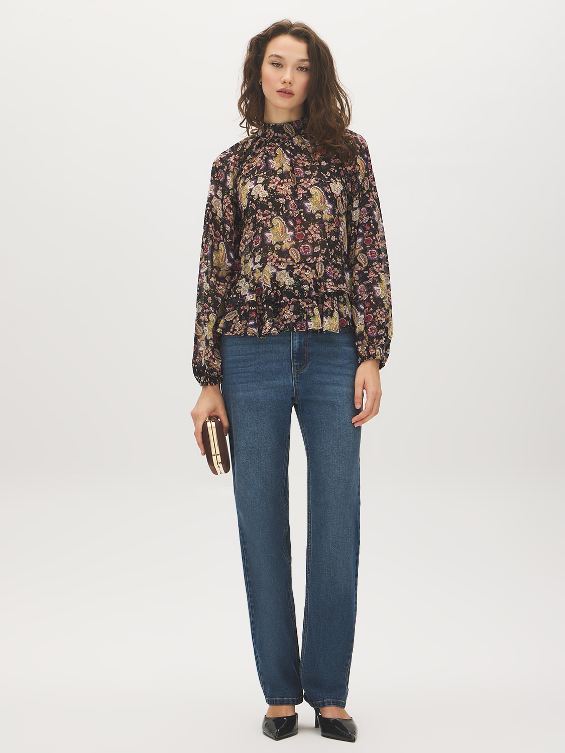 Black Paisley Mock Neck Top with Ruffle Hem - Front View - Suzy Shier