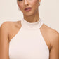 Antique Cream Sleeveless Satin Gown with Flared Hem - Collar Detail - Le Chateau