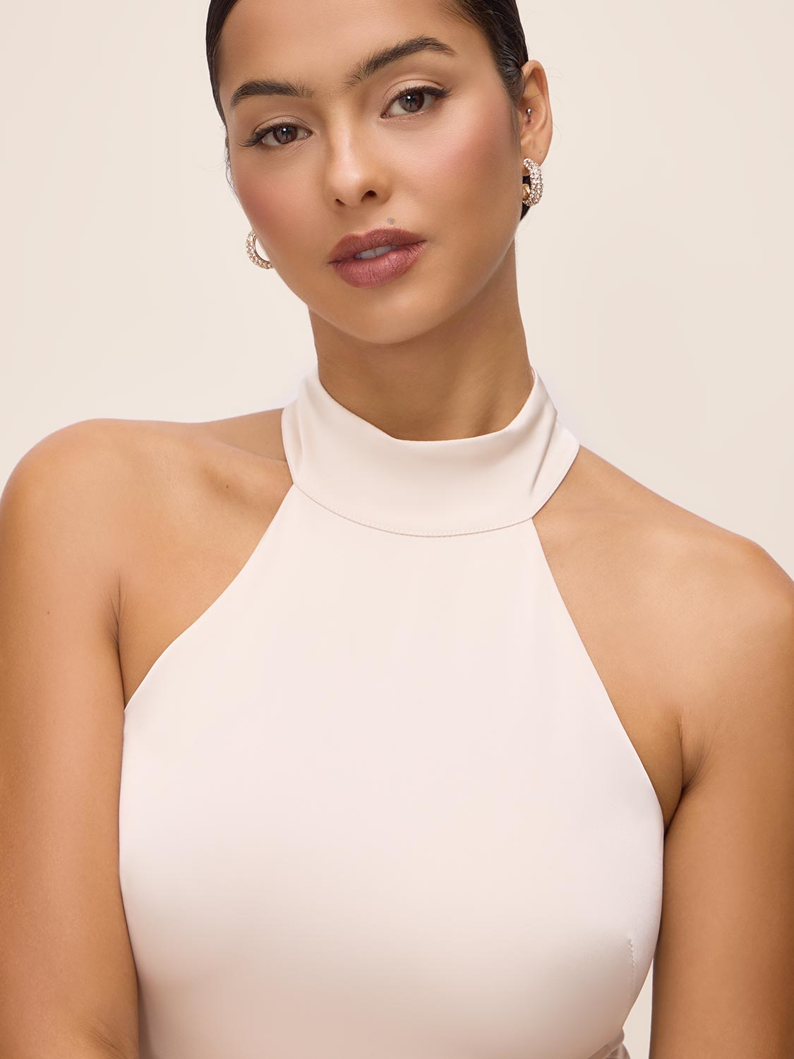 Antique Cream Sleeveless Satin Gown with Flared Hem - Collar Detail - Le Chateau