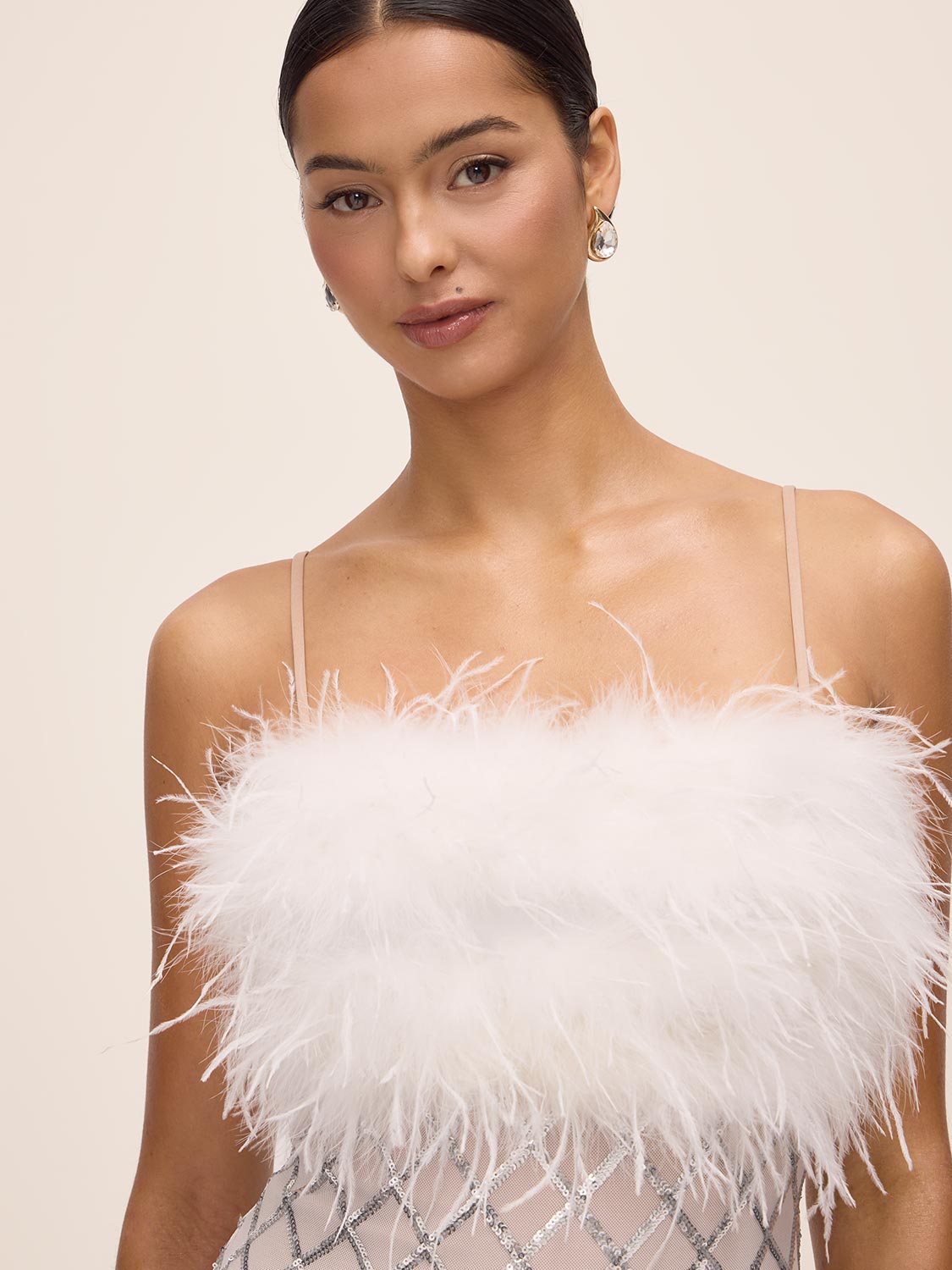 Silver/Antique Cream Sequin Mesh Midi Dress - Close-up Feather Trim Detail - Le Chateau