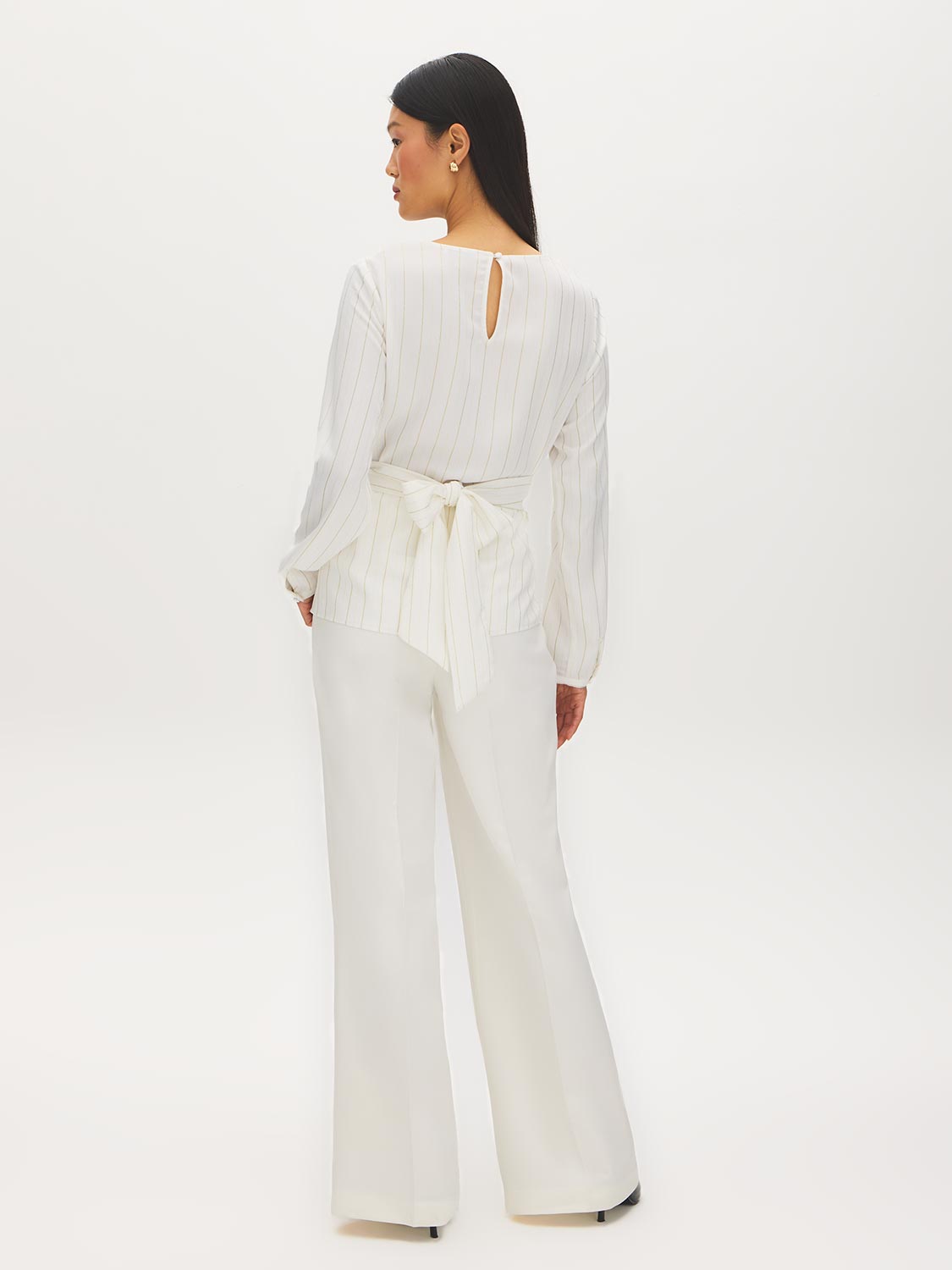Winter White/Gold Stripe Popover Blouse with Sash Belt - Back View - Suzy Shier