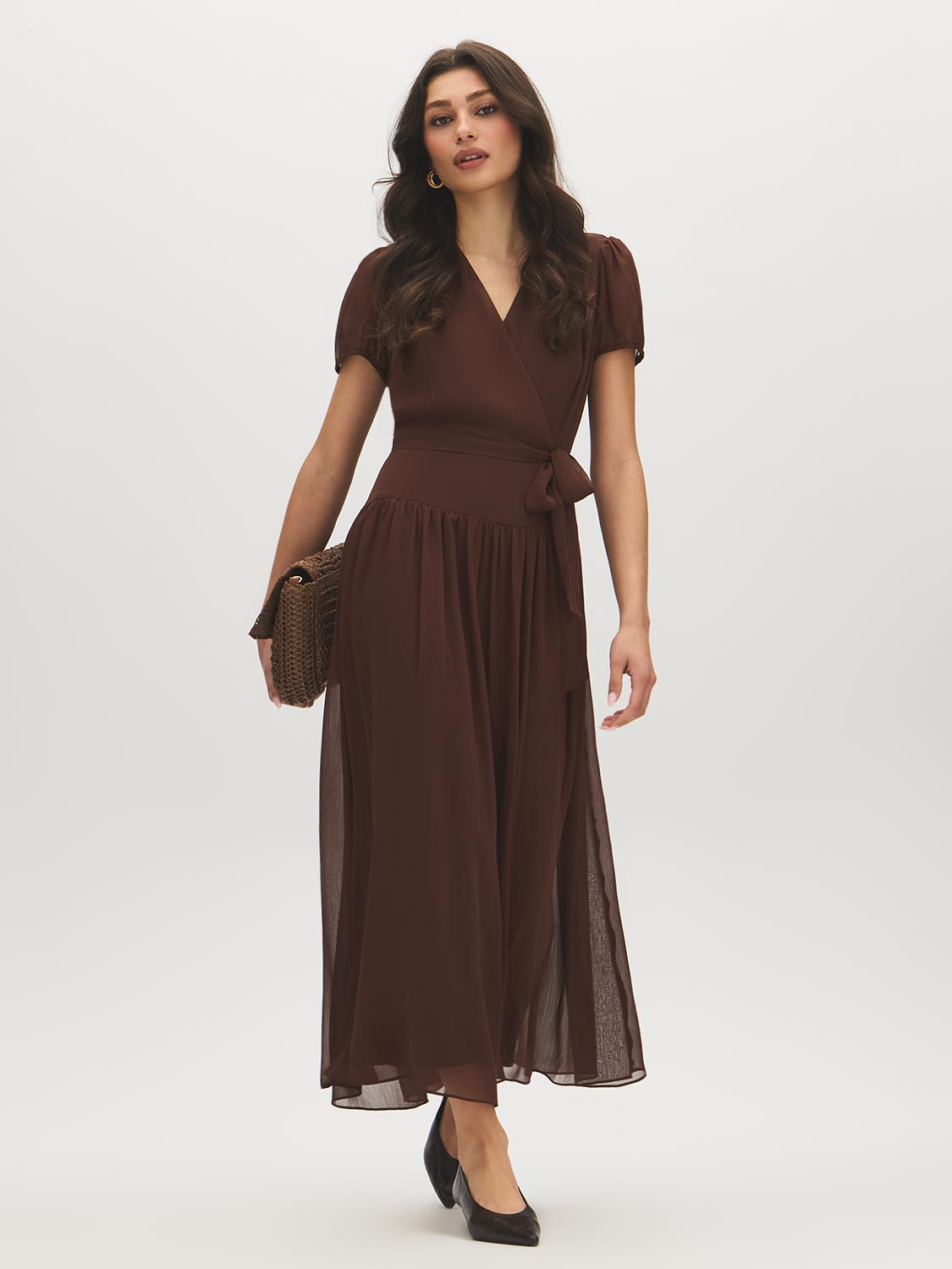 Milk Chocolate Textured Chiffon Midi Dress - Full Front View - Suzy Shier
