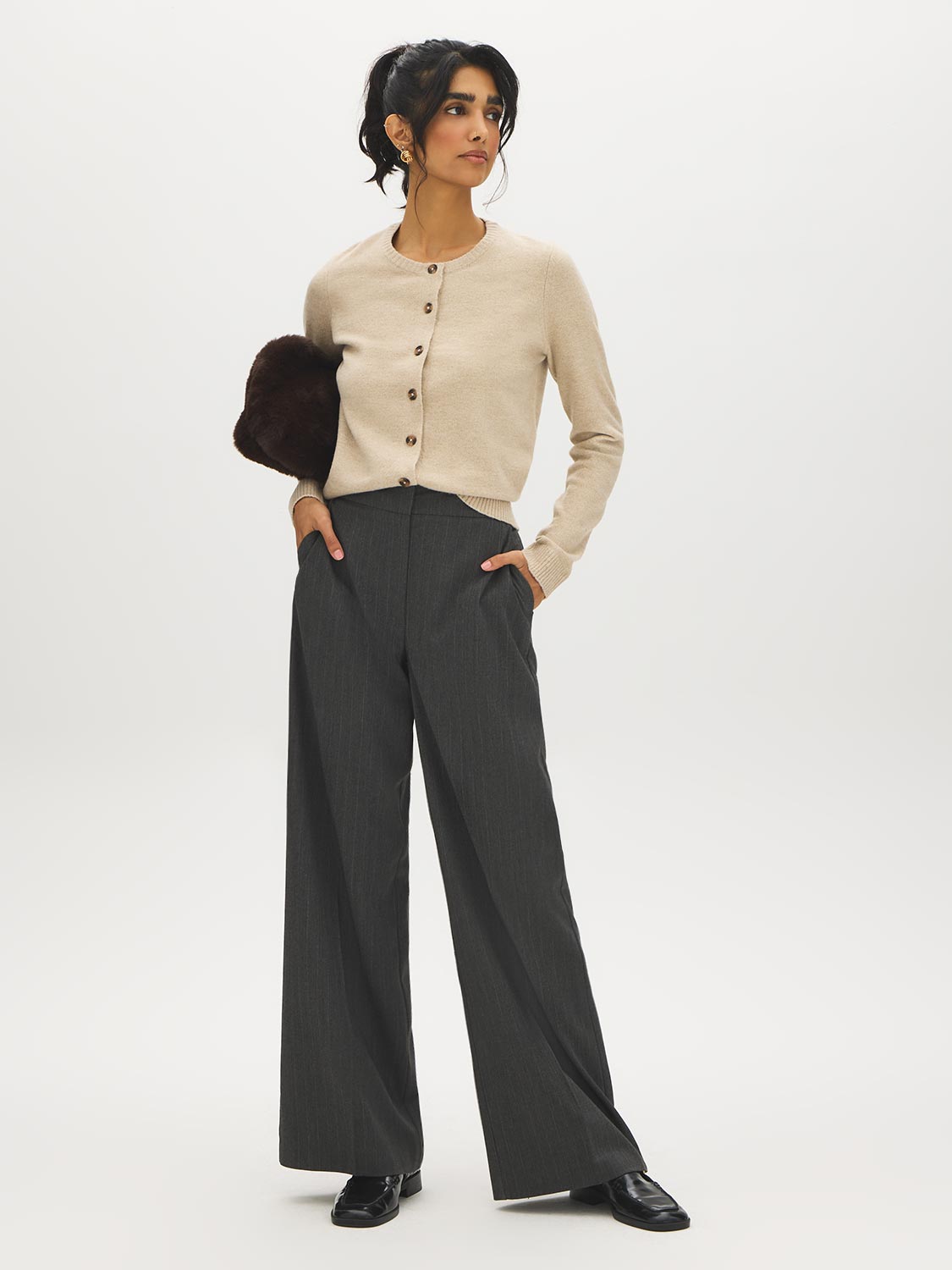 Oat Melange Button-Front Long Sleeve Cardigan - Front View - Suzy Shier