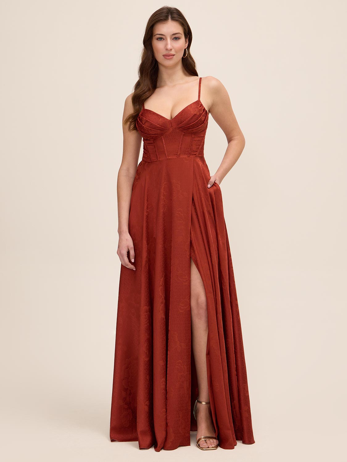 Rust Jacquard Floral Gown with Sweetheart Neckline - Woman Wearing Elegant Evening Dress - Le Chateau
