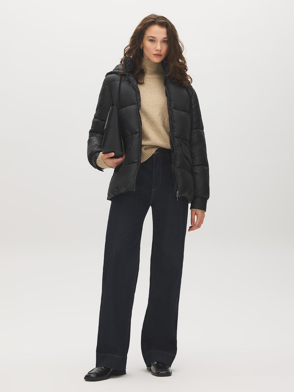 Black Mid-Length Quilted Puffer with Hood - Front View - Suzy Shier