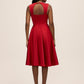 Red Satin Fit & Flare Sleeveless Midi Dress - Back View - Le Chateau