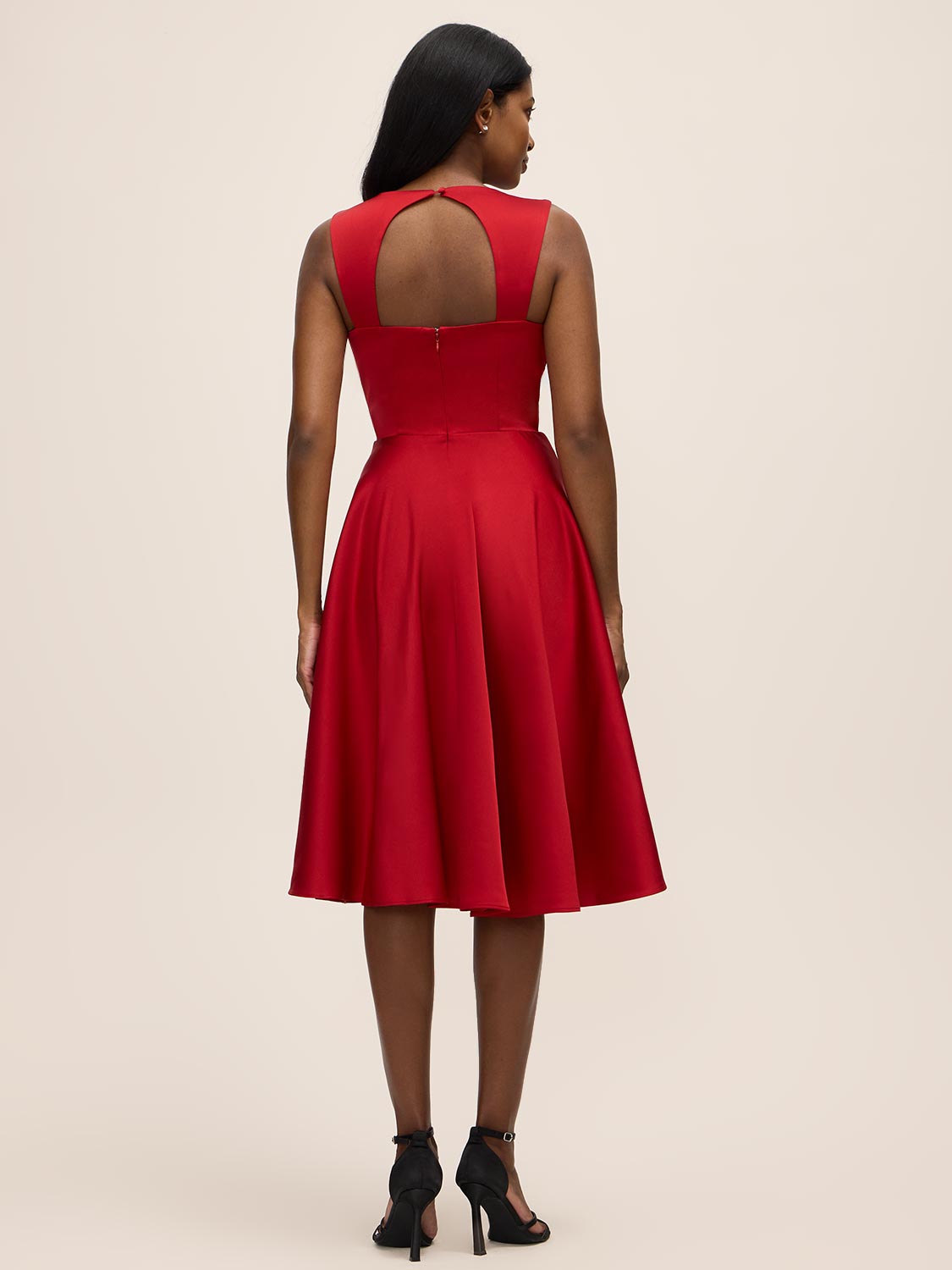 Red Satin Fit & Flare Sleeveless Midi Dress - Back View - Le Chateau