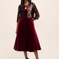 Burgundy 3D Sequin Floral Long Sleeve Bolero - Full Outfit View - Le Chateau