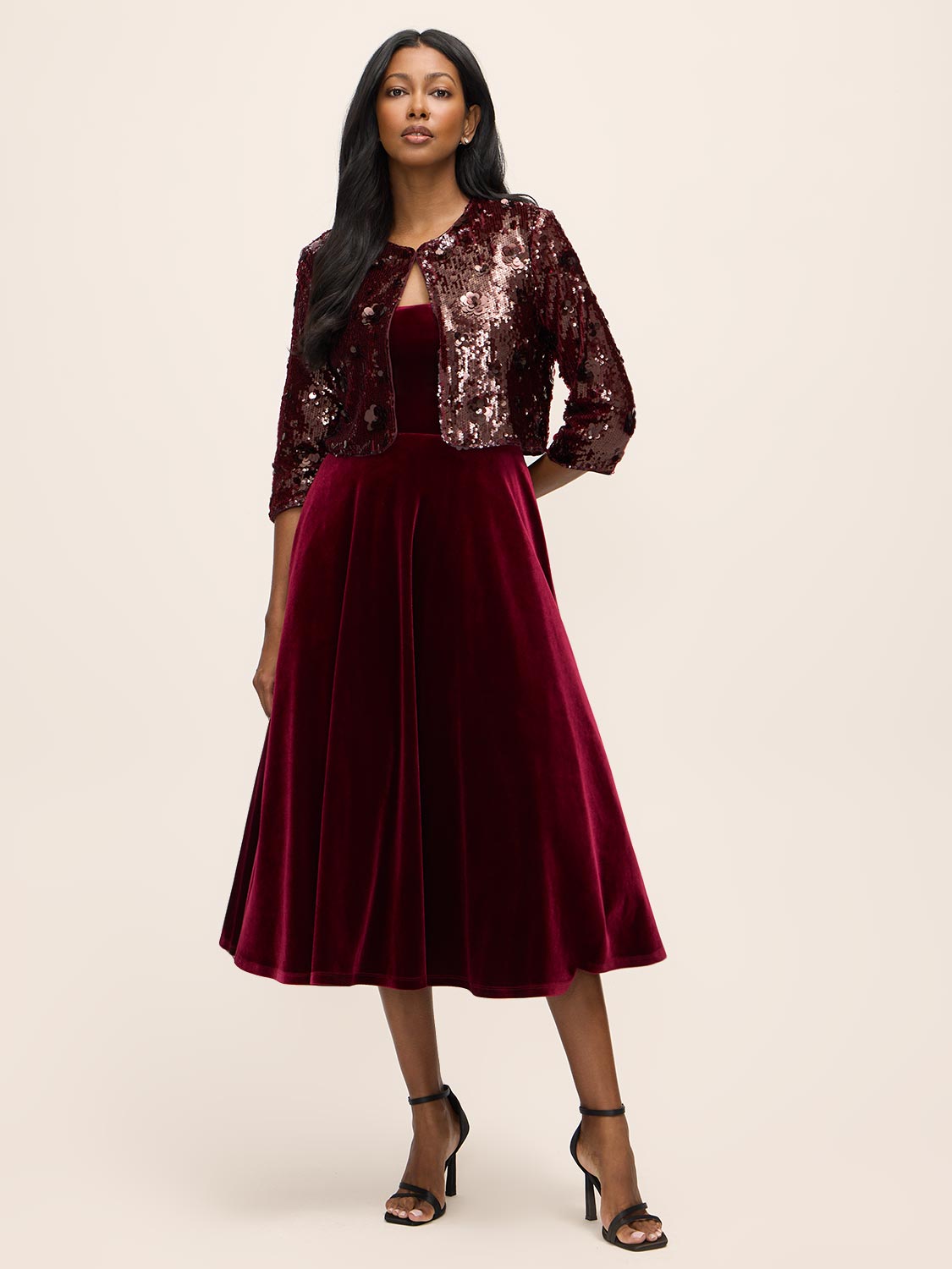 Burgundy 3D Sequin Floral Long Sleeve Bolero - Full Outfit View - Le Chateau
