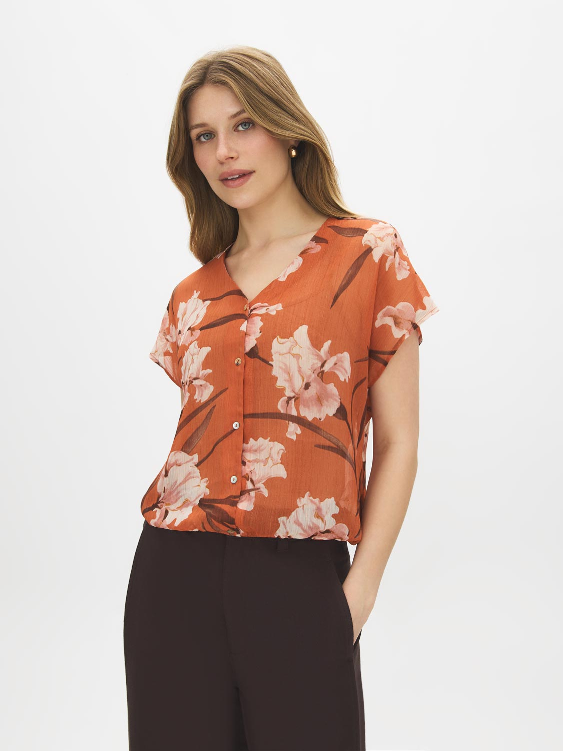 Autumn Leaf Printed V-Neck Blouse with Dolman Sleeves - Woman Wearing Relaxed Fit Blouse - Suzy Shier
