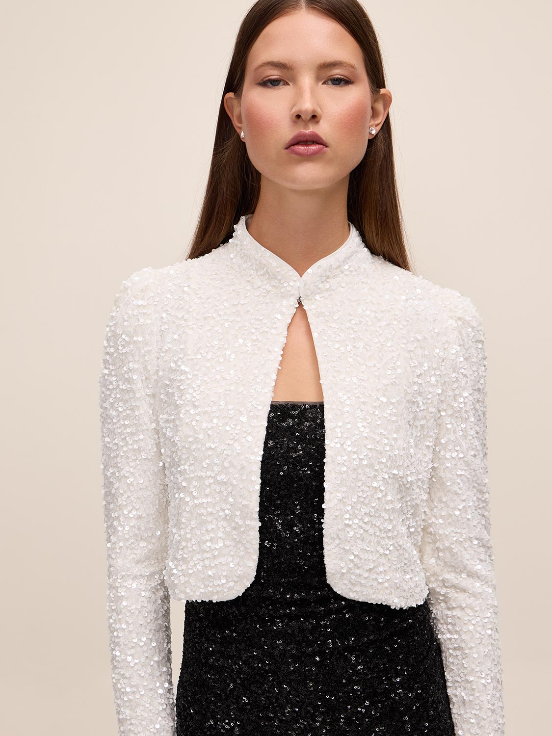 Black and Antique Cream Sequin Bolero with Puffy Sleeves - Front View without Bow - Le Chateau