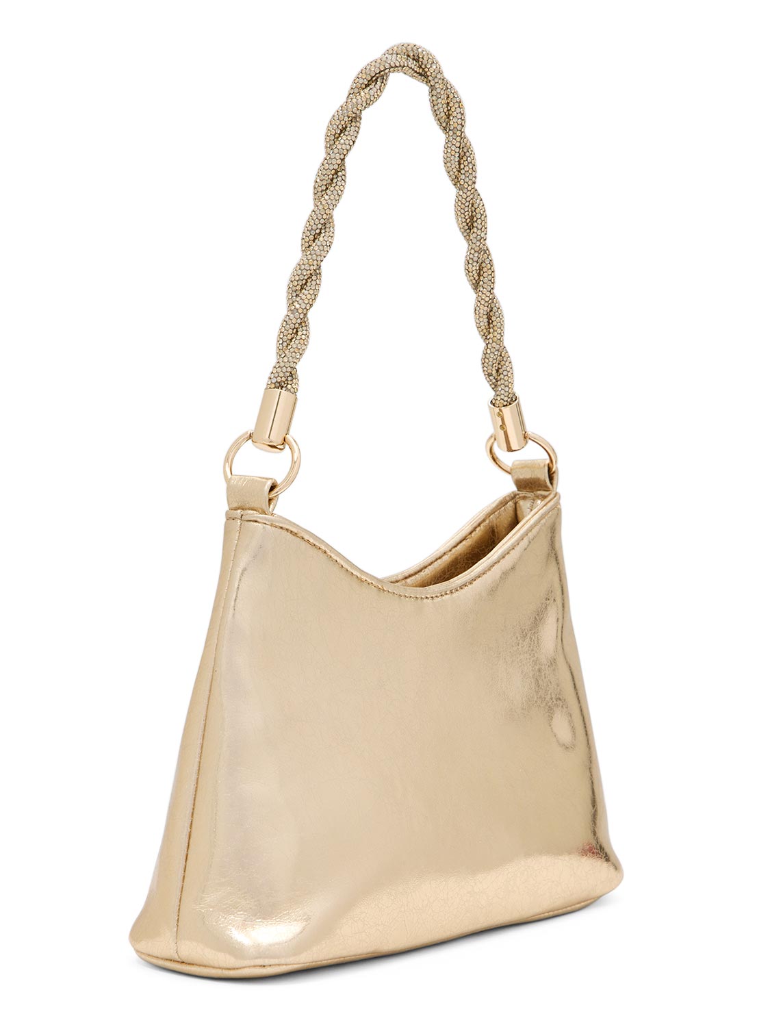 Gold Metallic Faux Leather Bag with Jeweled Handle - Side Profile View - Le Chateau