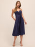 Dark Sapphire Satin Fit & Flare Dress - Woman Wearing Bustier Cowl Neck Evening Dress - Le Chateau