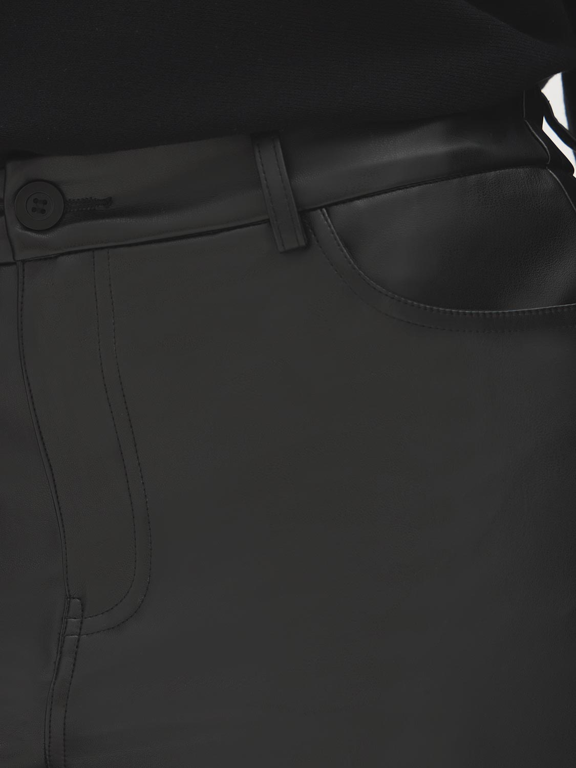 Black Faux Leather Straight Leg Pants - Close-up Fabric Detail - Suzy Shier