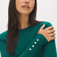 Dk Green Snap Button Sleeve Knit Sweater - Woman Wearing Crew Neck Sweater with Sleeve Detail - Suzy Shier