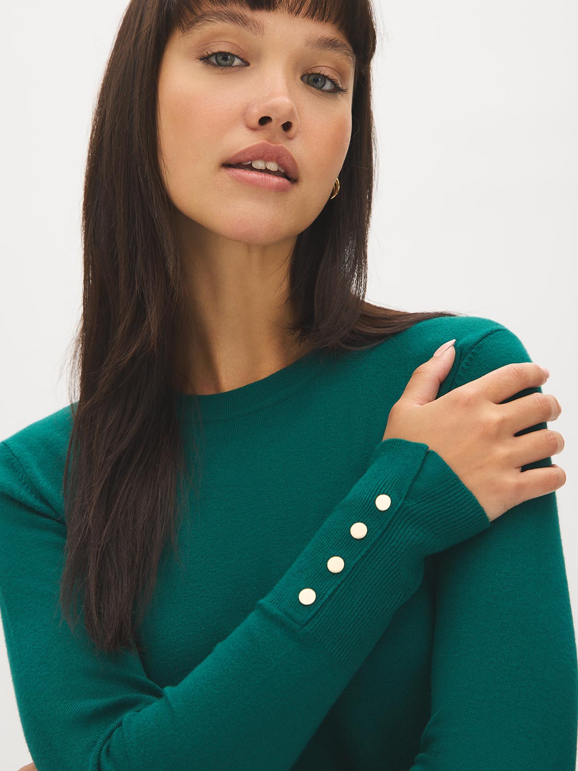 Dk Green Snap Button Sleeve Knit Sweater - Woman Wearing Crew Neck Sweater with Sleeve Detail - Suzy Shier