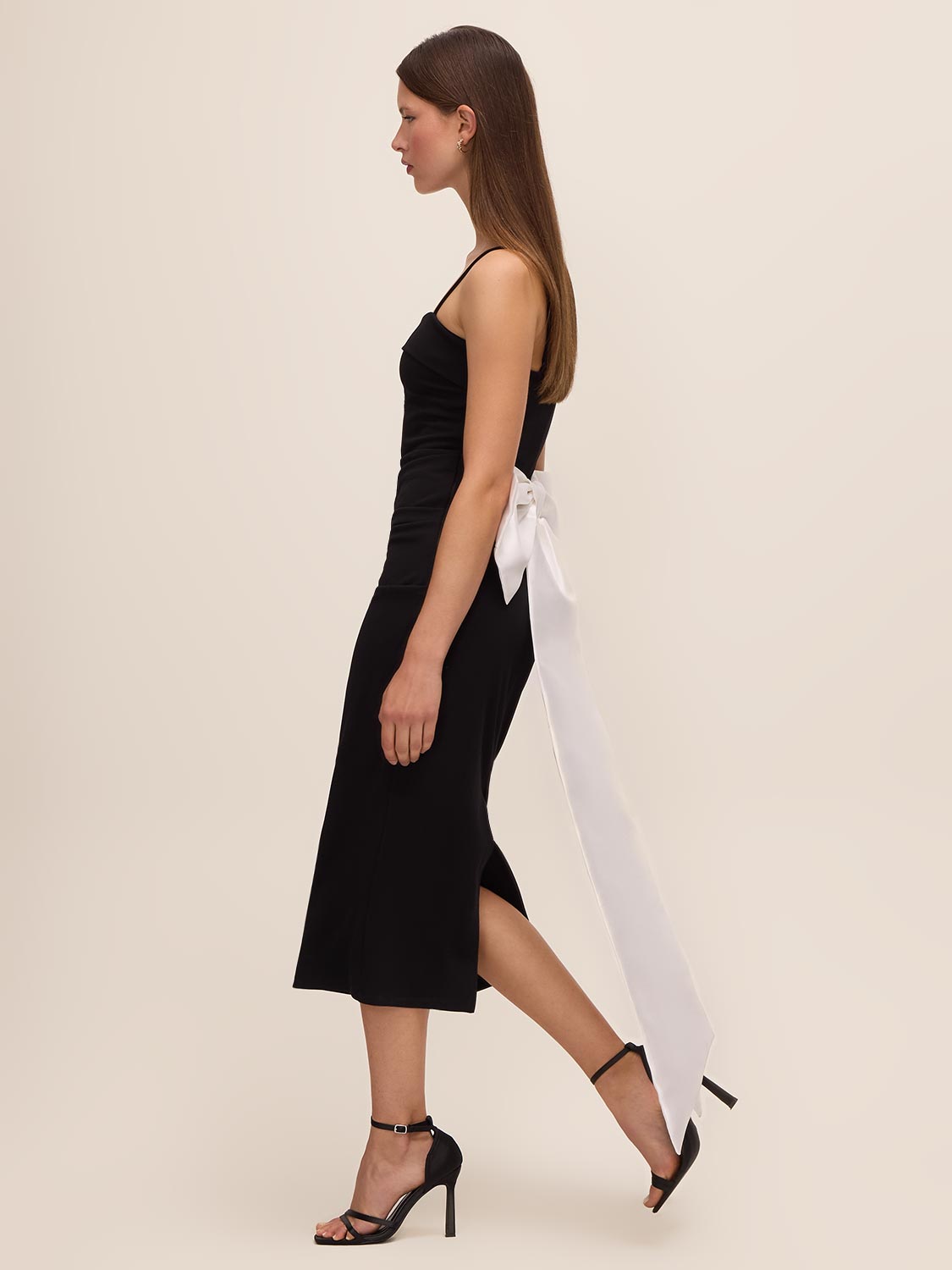 Black/White Knit Crepe Midi Sheath Dress - Side View - Le Chateau