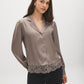 Driftwood Satin Blouse with Lace Hem - Woman Wearing Button-Front Satin Top - Suzy Shier