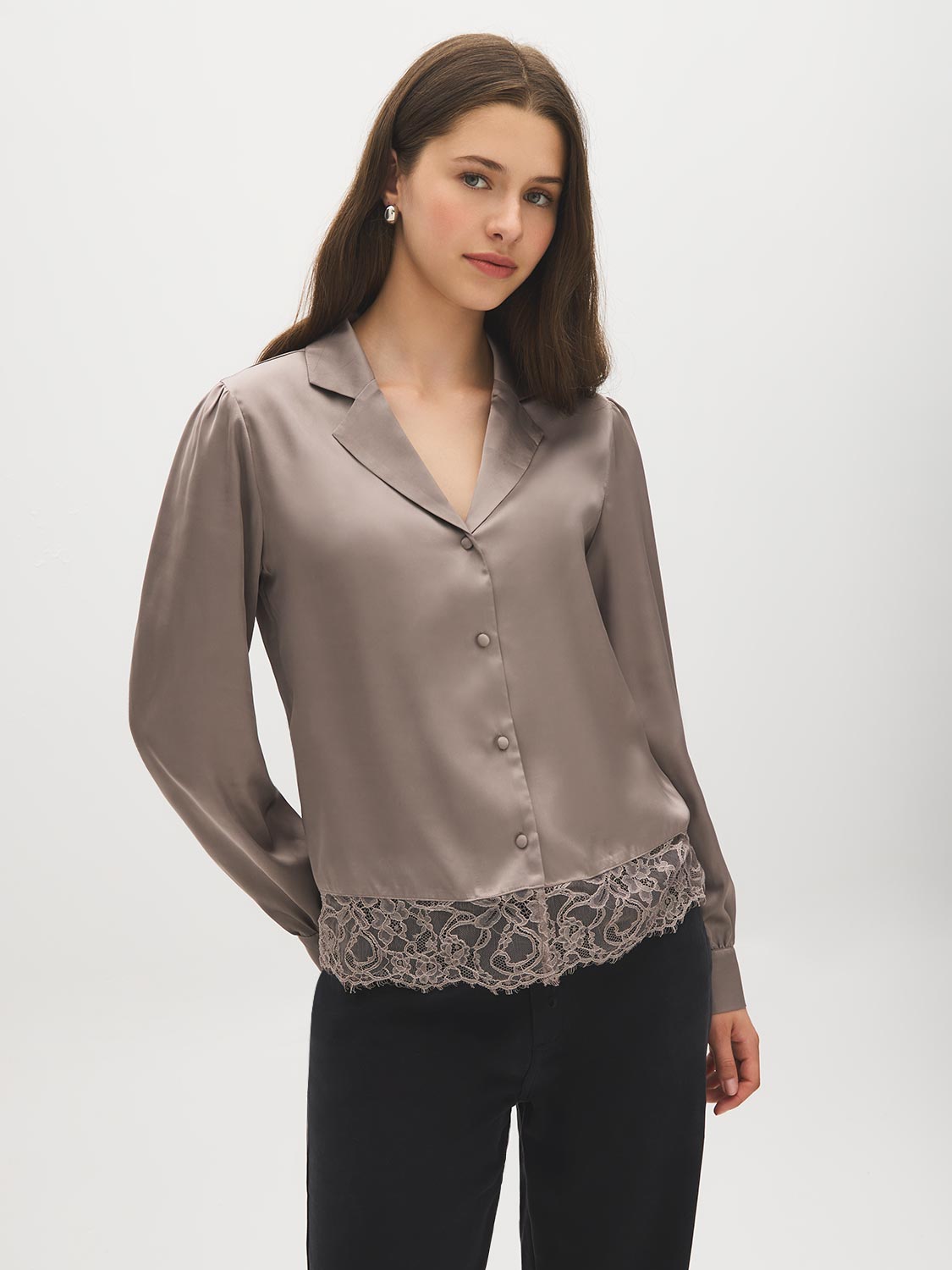 Driftwood Satin Blouse with Lace Hem - Woman Wearing Button-Front Satin Top - Suzy Shier