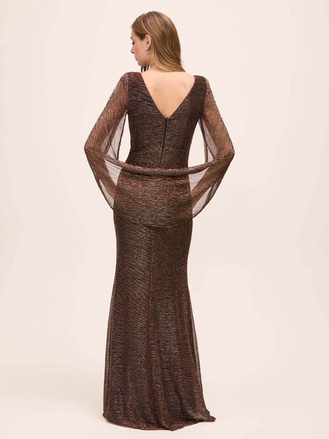 Bronze Metallic Crinkle Knit Gown with Cape - Back View - Le Chateau