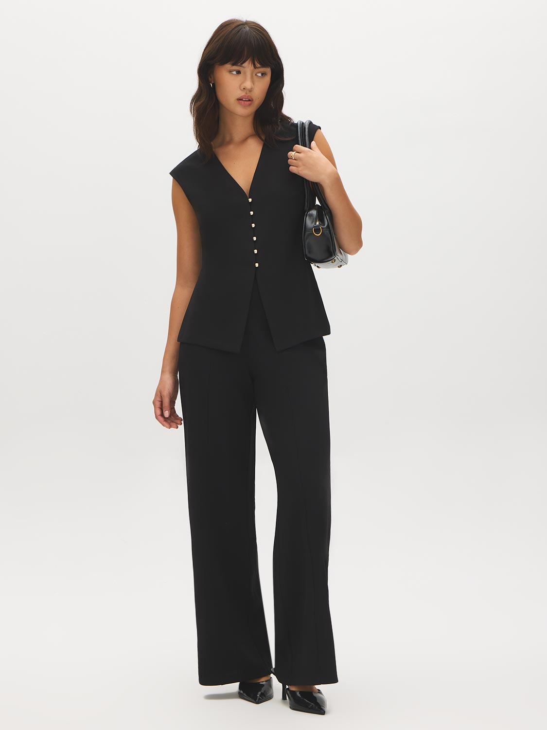 Black V-Neck Button-Front Knit Vest - Front View - Suzy Shier