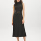 Black and Gold Sleeveless Ribbed Knit Dress - Woman Wearing Metallic Detail Dress with Faux leather Belt - Suzy Shier