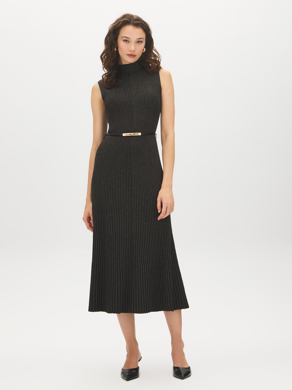 Black and Gold Sleeveless Ribbed Knit Dress - Woman Wearing Metallic Detail Dress with Faux leather Belt - Suzy Shier