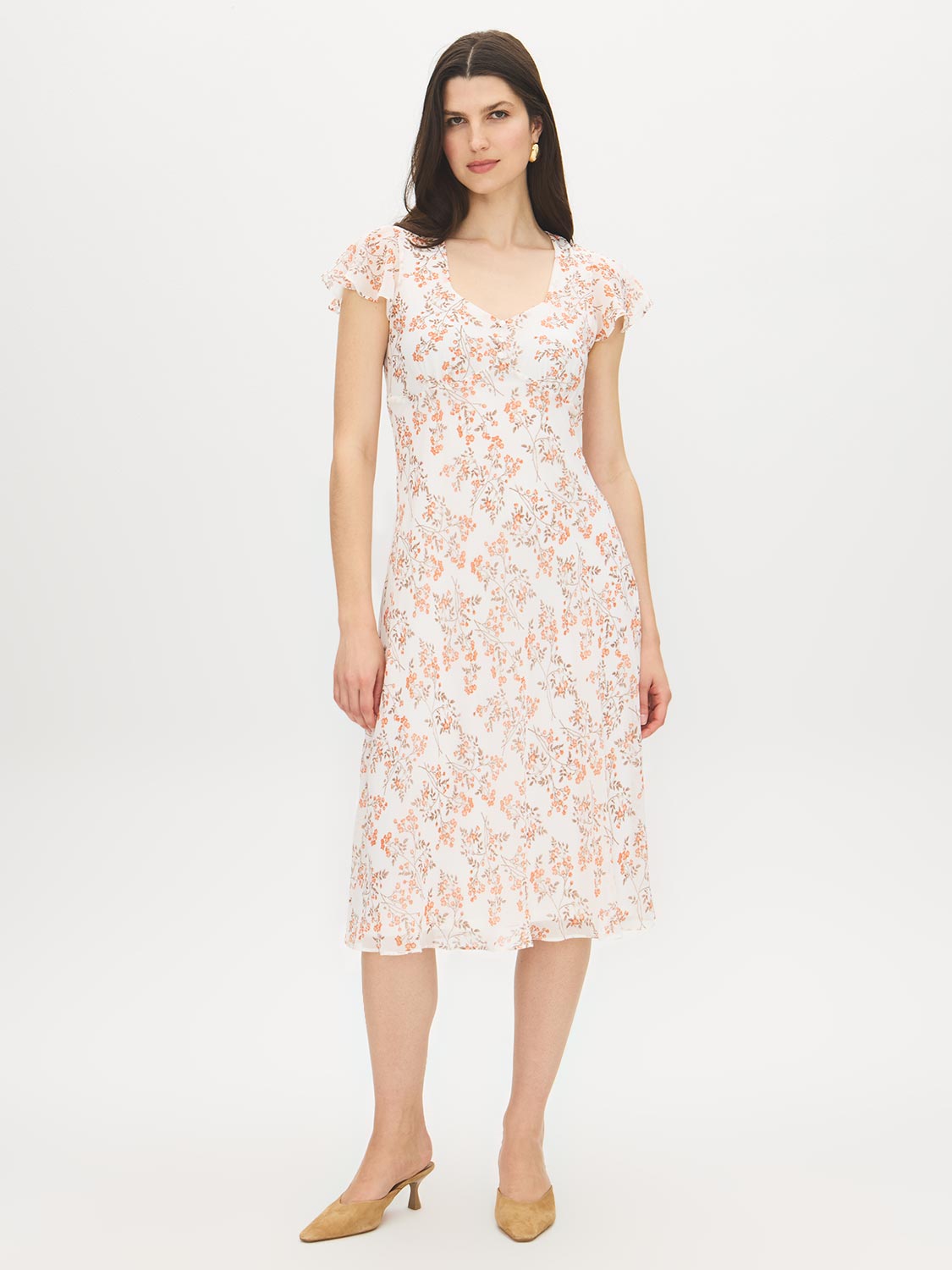 Warm White Floral Print Chiffon Midi Dress - Woman Wearing Ruffle Sleeve Dress - Suzy Shier