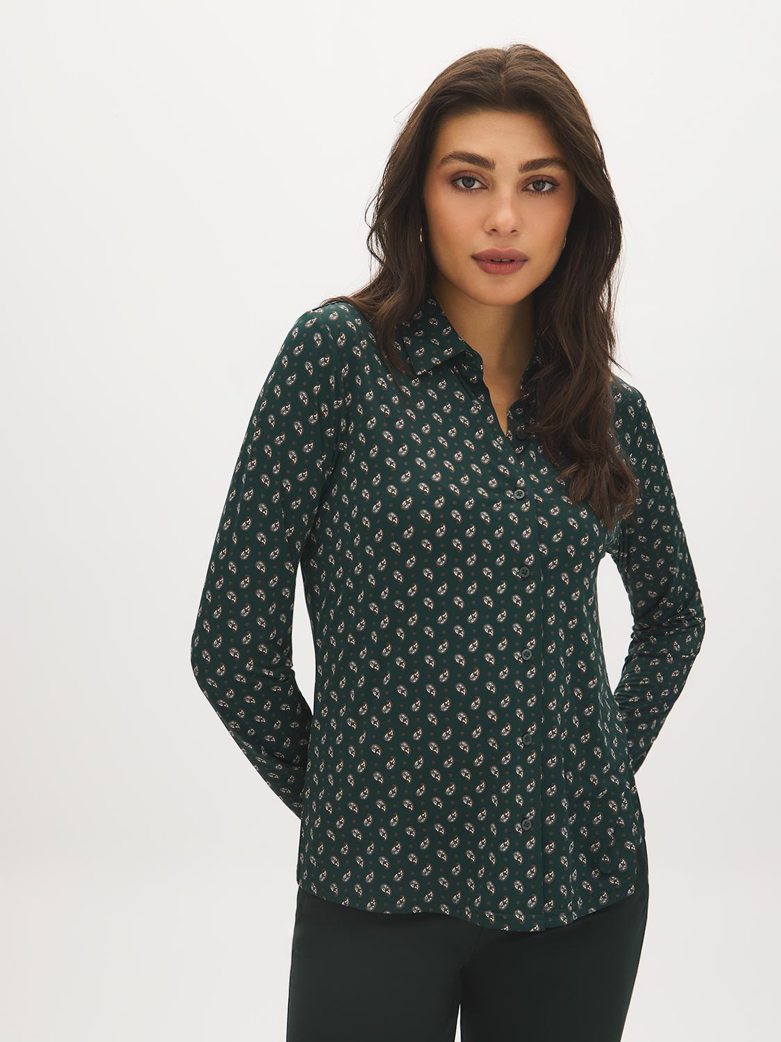 Scarab Printed Button-Up Blouse with Shirt Collar - Woman Wearing Patterned Blouse - Suzy Shier