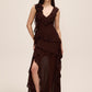 Coco Powder V-Neck Chiffon Gown with Tiered Ruffles - Woman Wearing Elegant Evening Dress - Le Chateau