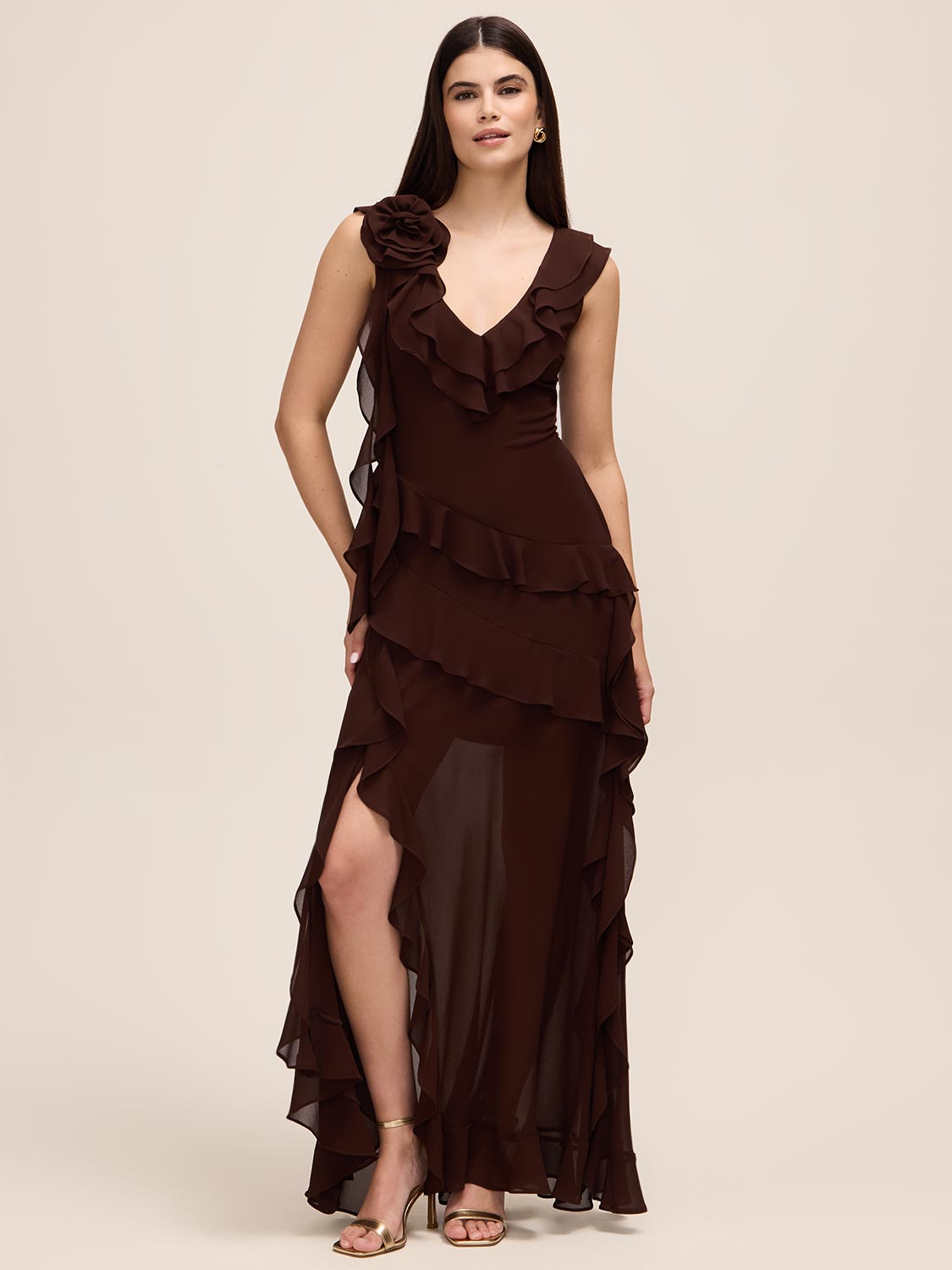 Coco Powder V-Neck Chiffon Gown with Tiered Ruffles - Woman Wearing Elegant Evening Dress - Le Chateau