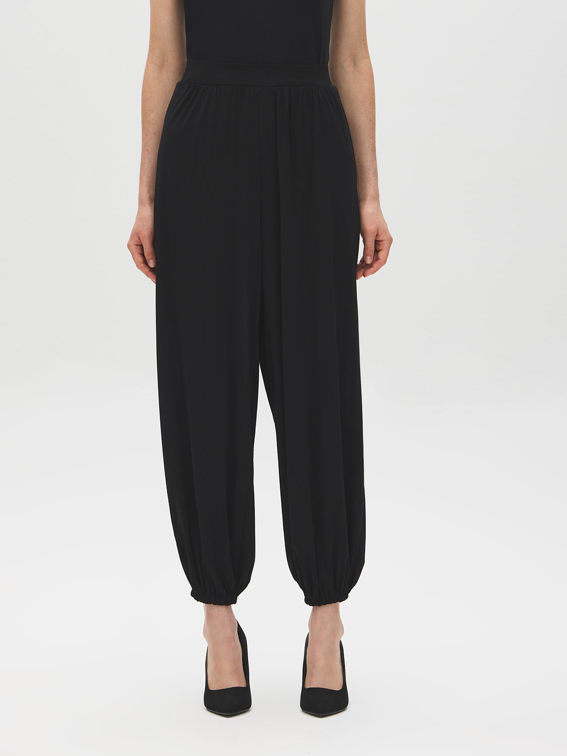 Black Balloon Knit Pants with Elastic Waist - Front View - Suzy Shier
