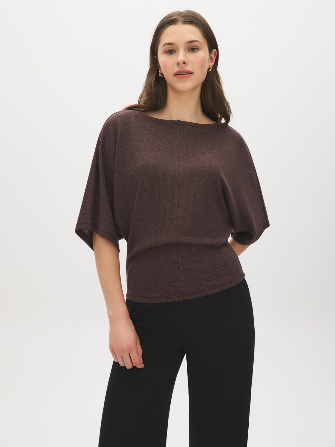 Coffee Bean Butterfly Sleeve Boat Neck Knit Top - Woman Wearing Relaxed Fit Sweater - Suzy Shier