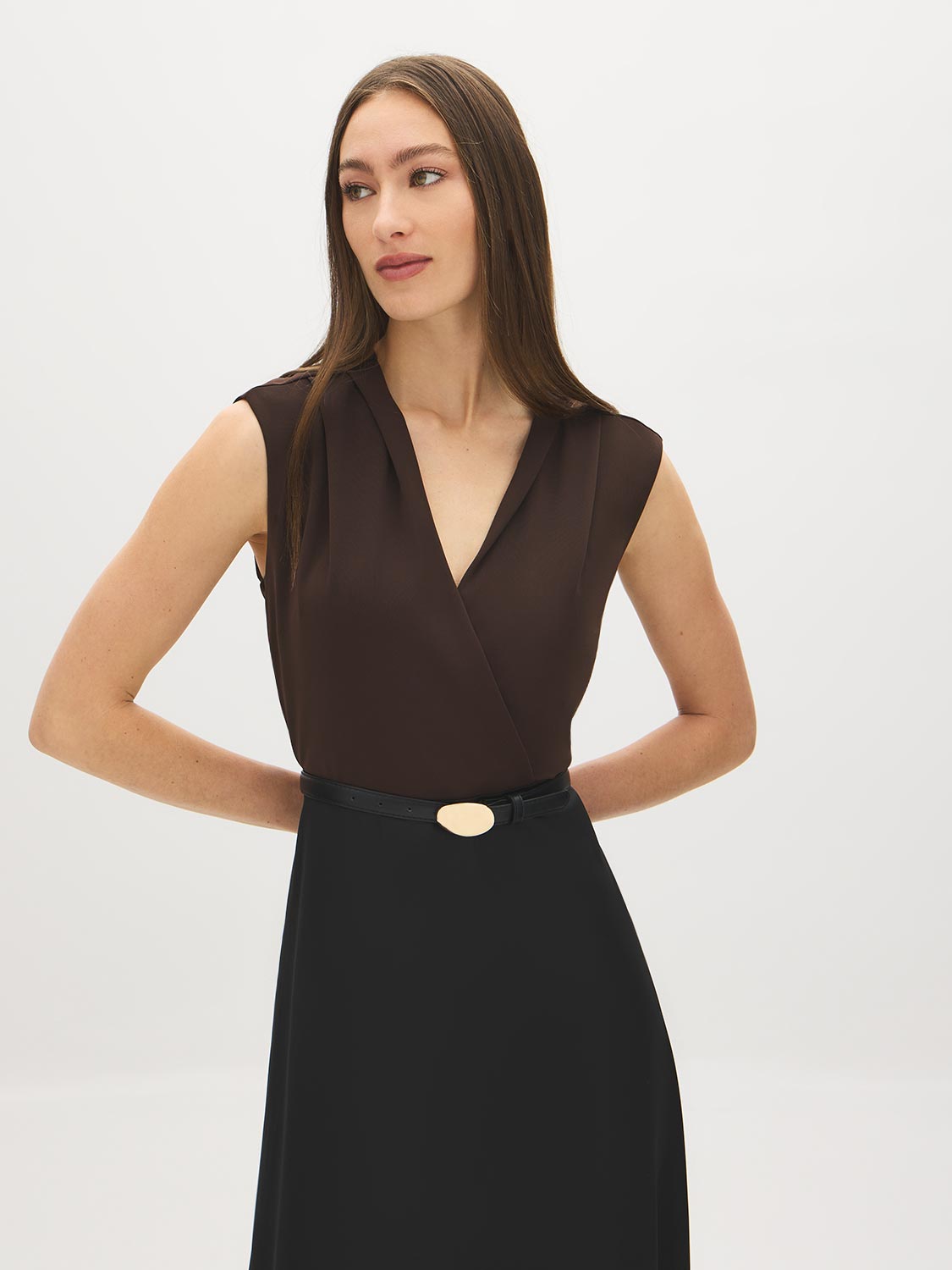 Black and Coffee Bean Two-Tone Crossover Dress - Front View - Suzy Shier
