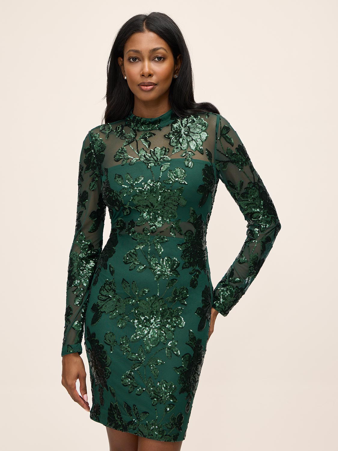 Dark Emerald Mock Neck Mesh Mini Dress - Front View - Le Chateau