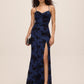 Midnight Blue Mesh Cowl Neck Gown with Floral Velvet Flocking - Woman Wearing Elegant Evening Dress - Le Chateau