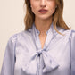 Steel Blue Floral Damask Tie Neck Bow Blouse - Close-up Bow Detail - Le Chateau