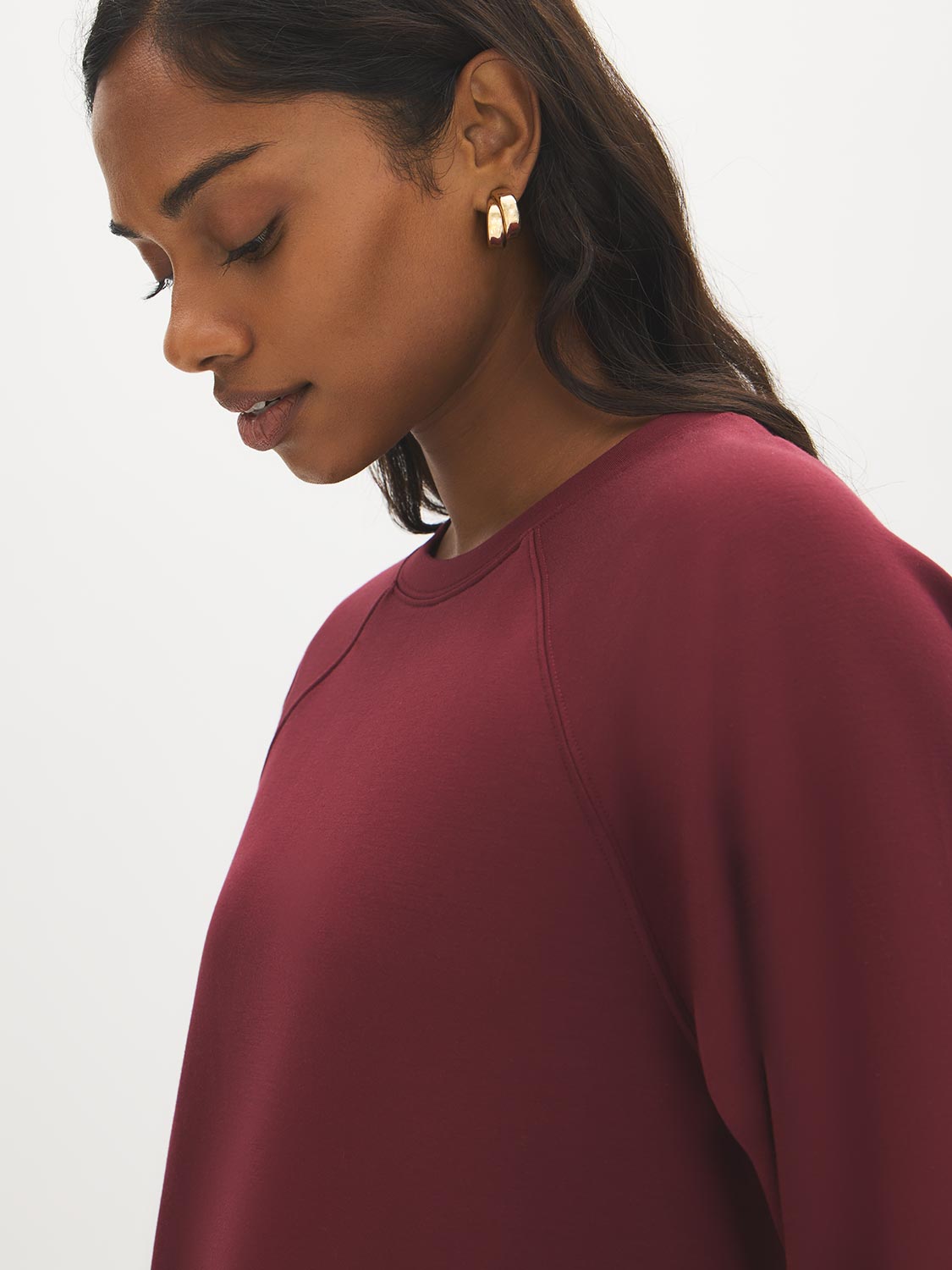 Wine Cloud Fleece Tunic with Raglan Sleeves - Woman Wearing Long Sleeve Crew Neck Top - Suzy Shier